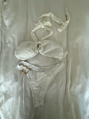 White Tie-Halter Bikini Set with Gold Accent